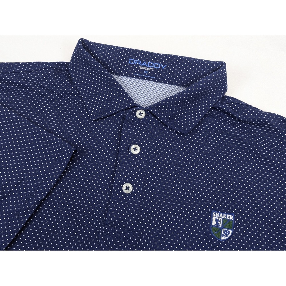 Draddy Sport Golf Polo Shirt Mens Medium Blue White‎ Polka Dot Performance Logo